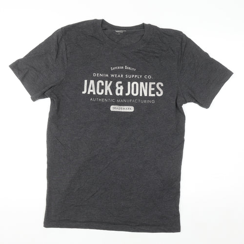Jack & Jones Men's Charcoal Grey Graphic Print T-Shirt Size L