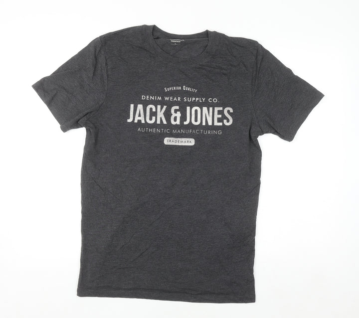 Jack & Jones Men's Charcoal Grey Graphic Print T-Shirt Size L