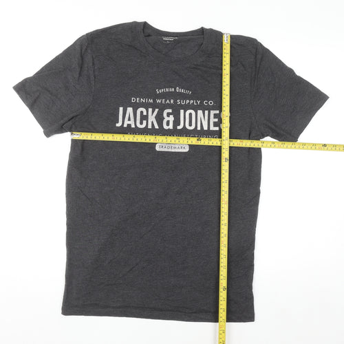 Jack & Jones Men's Charcoal Grey Graphic Print T-Shirt Size L