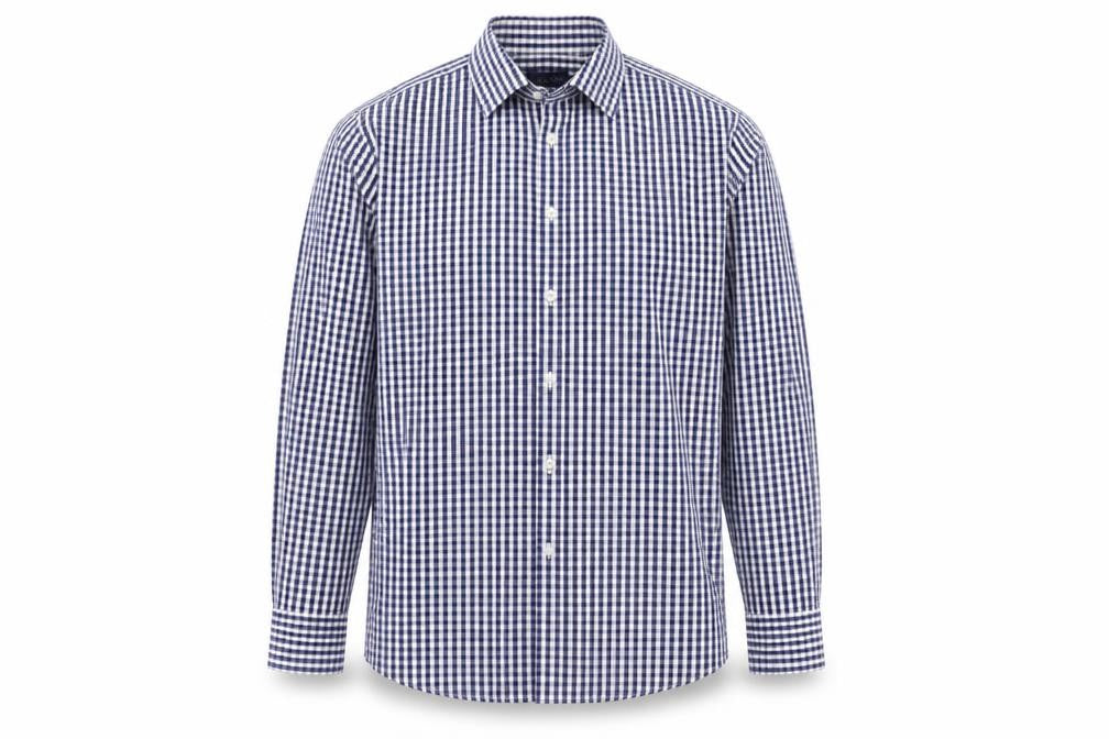 Front view of Osborne Men’s Blue Check Classic Fit Long Sleeve Button-Up Shirt, size 18