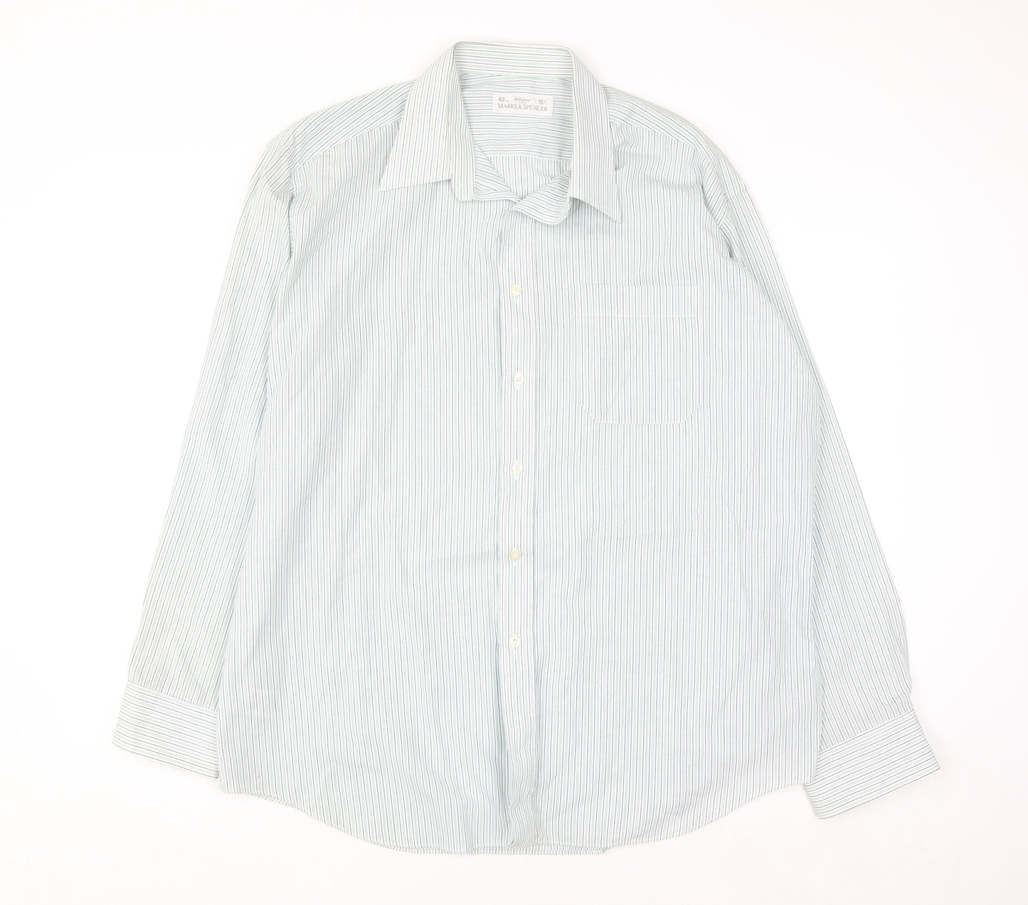 Marks and Spencer Men's Blue Striped Long Sleeve 16.5in Vintage Shirt
