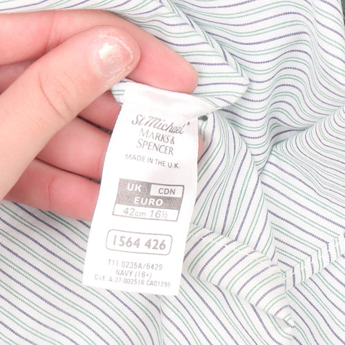 Marks and Spencer Men's Blue Striped Long Sleeve 16.5in Vintage Shirt