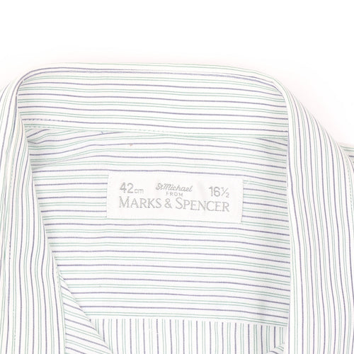 Marks and Spencer Men's Blue Striped Long Sleeve 16.5in Vintage Shirt