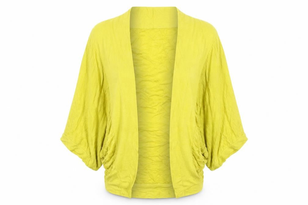 Front view of Planet Women's Yellow Short Sleeve Open Cardigan, size M, Viscose Blend