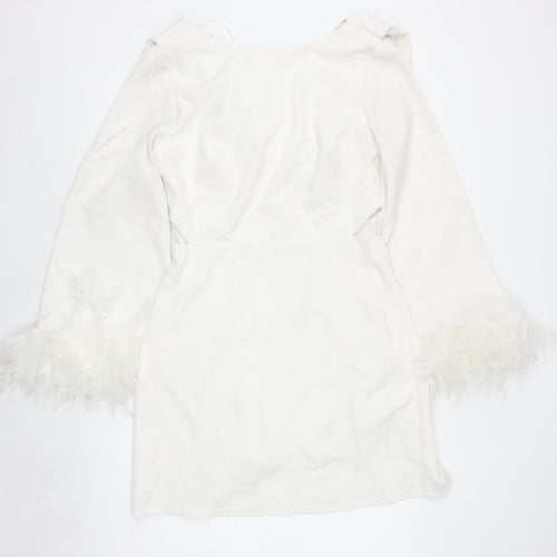 Lipsy Women White Off Shoulder Feather Sleeve Bodycon Dress Size 12