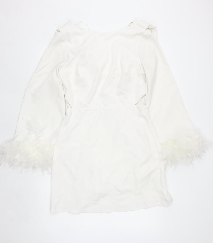 Lipsy Women White Off Shoulder Feather Sleeve Bodycon Dress Size 12