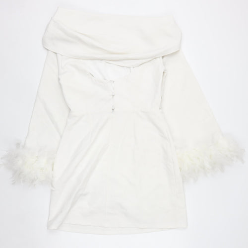 Lipsy Women White Off Shoulder Feather Sleeve Bodycon Dress Size 12