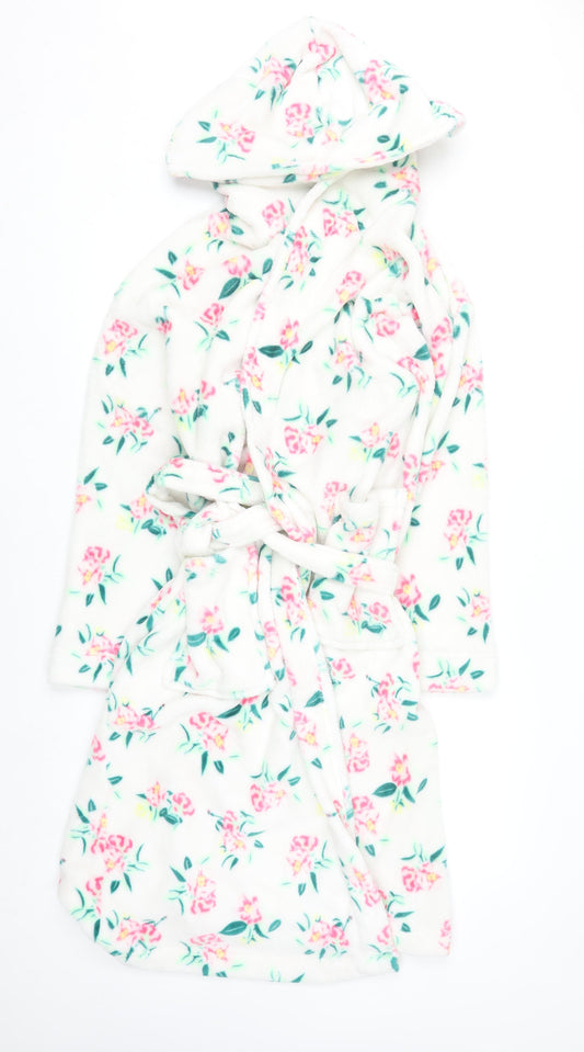 Marks and Spencer Women White Floral Fleece Hooded Robe Medium