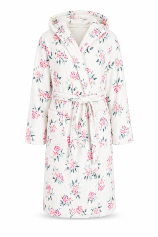 Marks and Spencer Women White Floral Fleece Hooded Robe Medium
