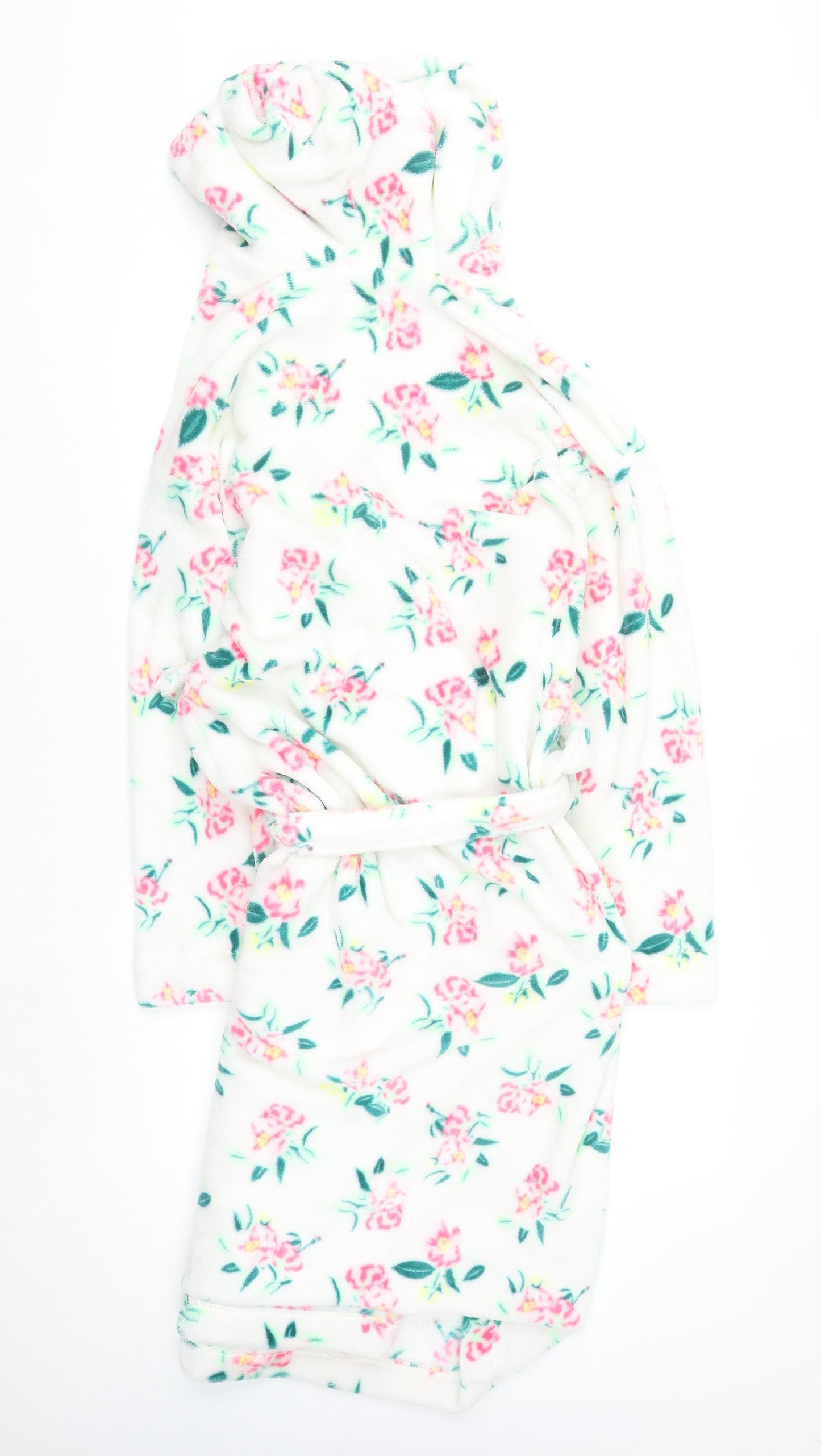 Marks and Spencer Women White Floral Fleece Hooded Robe Medium