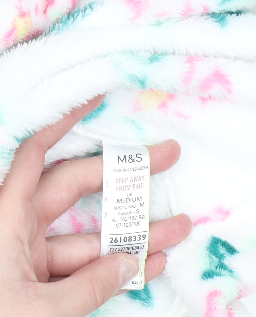 Marks and Spencer Women White Floral Fleece Hooded Robe Medium