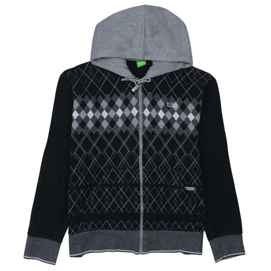 Hugo Boss Men's Black Grey Argyle Full Zip Hoodie XL