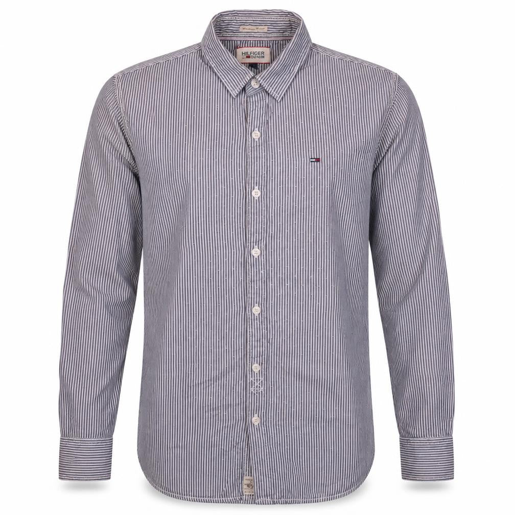Front view of Tommy Hilfiger Men’s Blue Striped Button-Down Long Sleeve Cotton Shirt M
