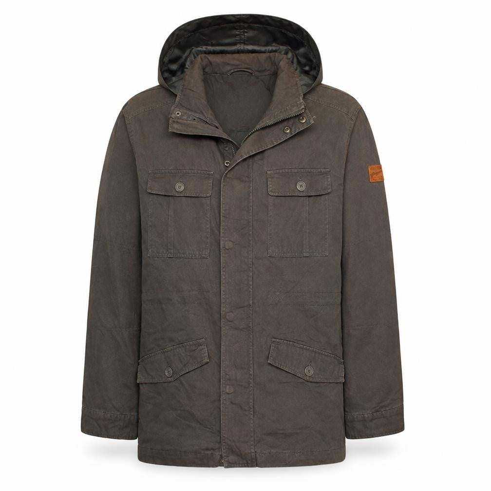 Front view of John Baner Men's Brown Hooded Cotton Parka Jacket, size 46