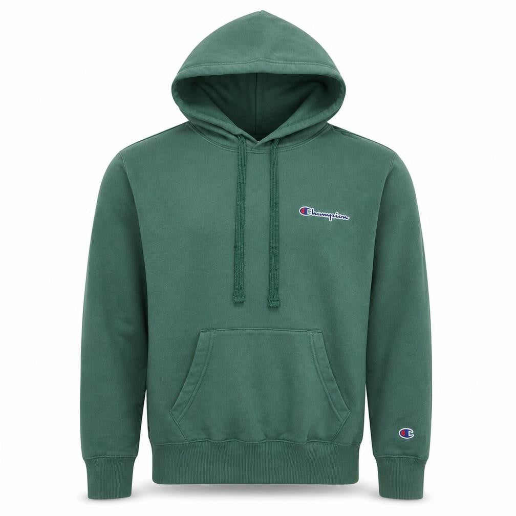 Front view of Champion Men's Green Pullover Hoodie Small Embroidered Logo Fleece