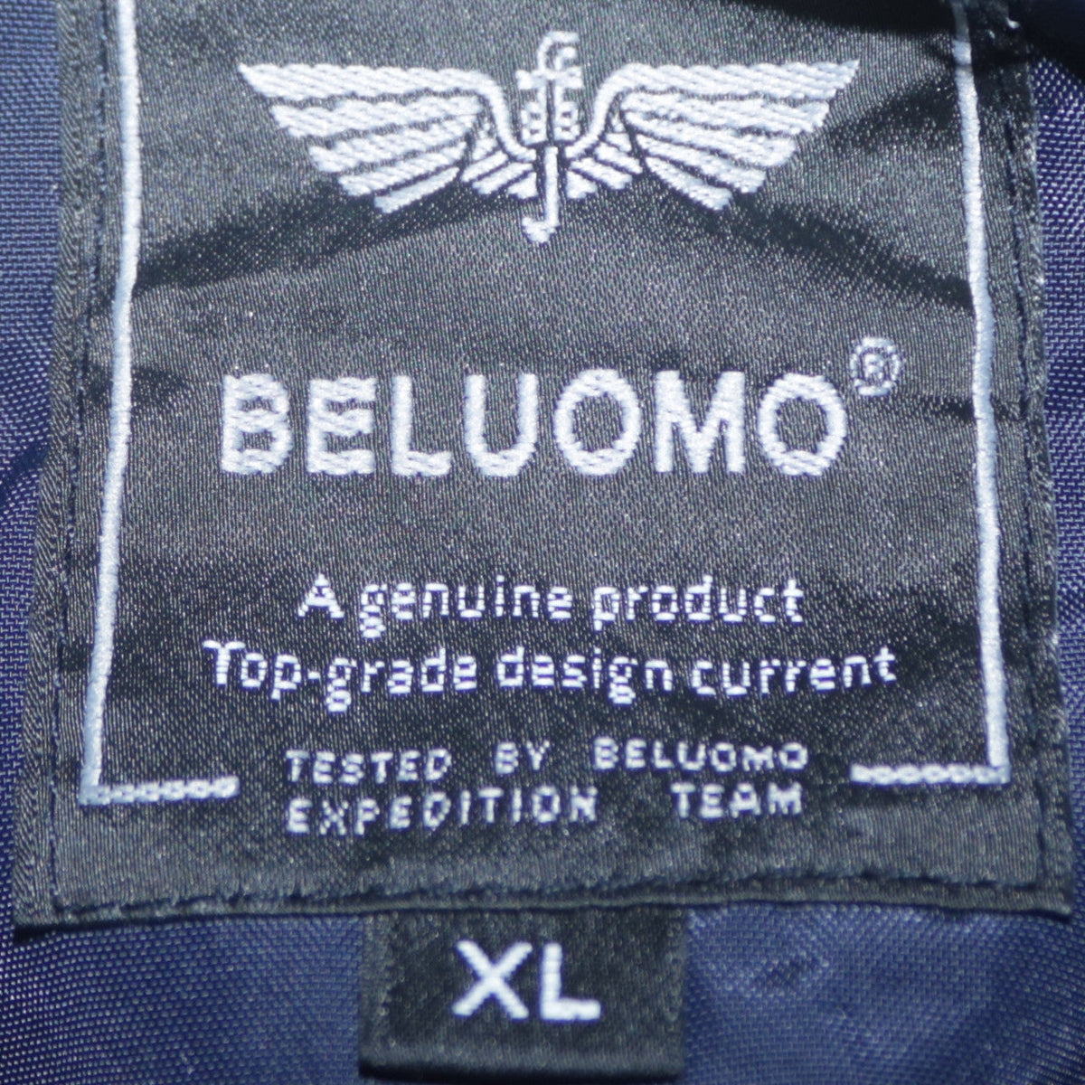 Brand and care label for Beluomo Men's Navy Jacket XL – Casual Expedition Style Outerwear