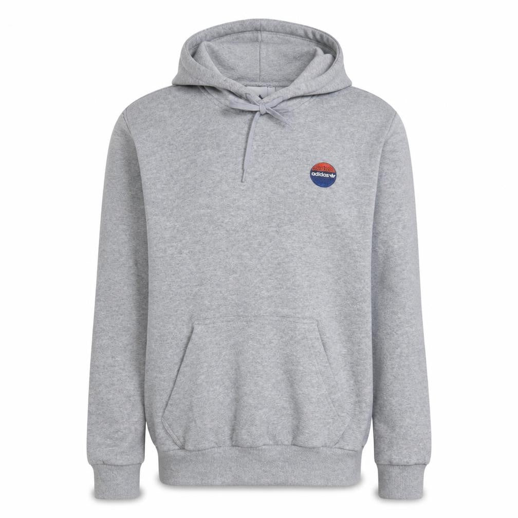 Front view of Adidas Men's Grey Pullover Hoodie Small Logo Fleece Sweatshirt