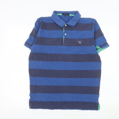 GANT Men's Blue Striped Cotton Short Sleeve Polo Shirt M