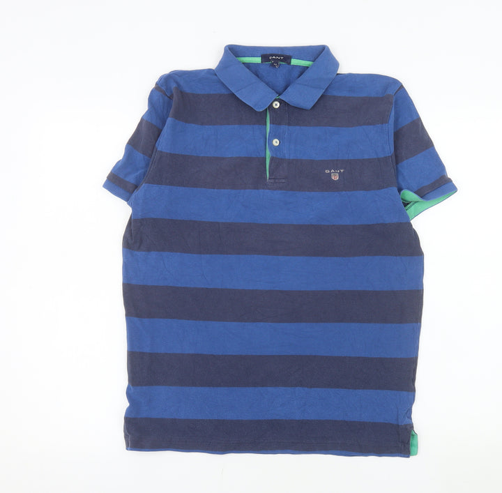 GANT Men's Blue Striped Cotton Short Sleeve Polo Shirt M
