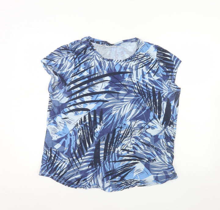 John Baner Womens Blue Tropical Print Cotton T-Shirt Size L