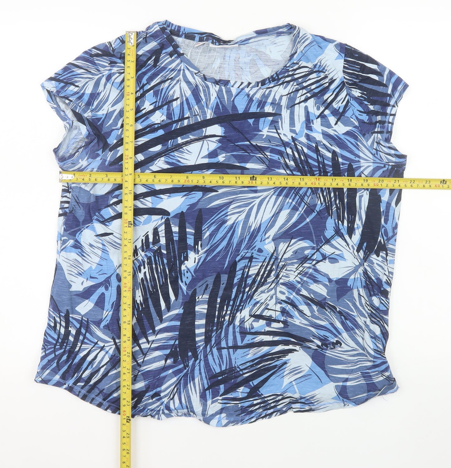 John Baner Womens Blue Tropical Print Cotton T-Shirt Size L