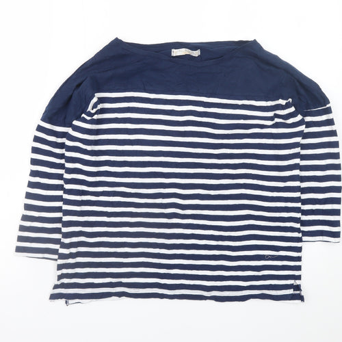 Pull & Bear Women's Blue Striped Boat Neck 3/4 Sleeve Cotton Top S