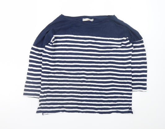 Pull & Bear Women's Blue Striped Boat Neck 3/4 Sleeve Cotton Top S