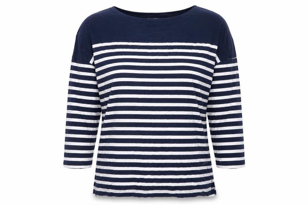 Front view of Pull&Bear Women's Blue Striped Boat Neck 3/4 Sleeve Cotton Top S