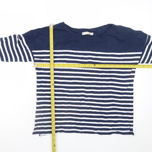 Pull & Bear Women's Blue Striped Boat Neck 3/4 Sleeve Cotton Top S