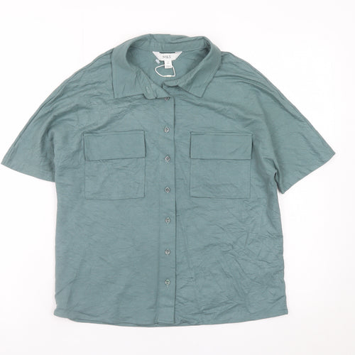 Marks and Spencer Men's Green Short Sleeve Regular Fit Button-Up Shirt Size S