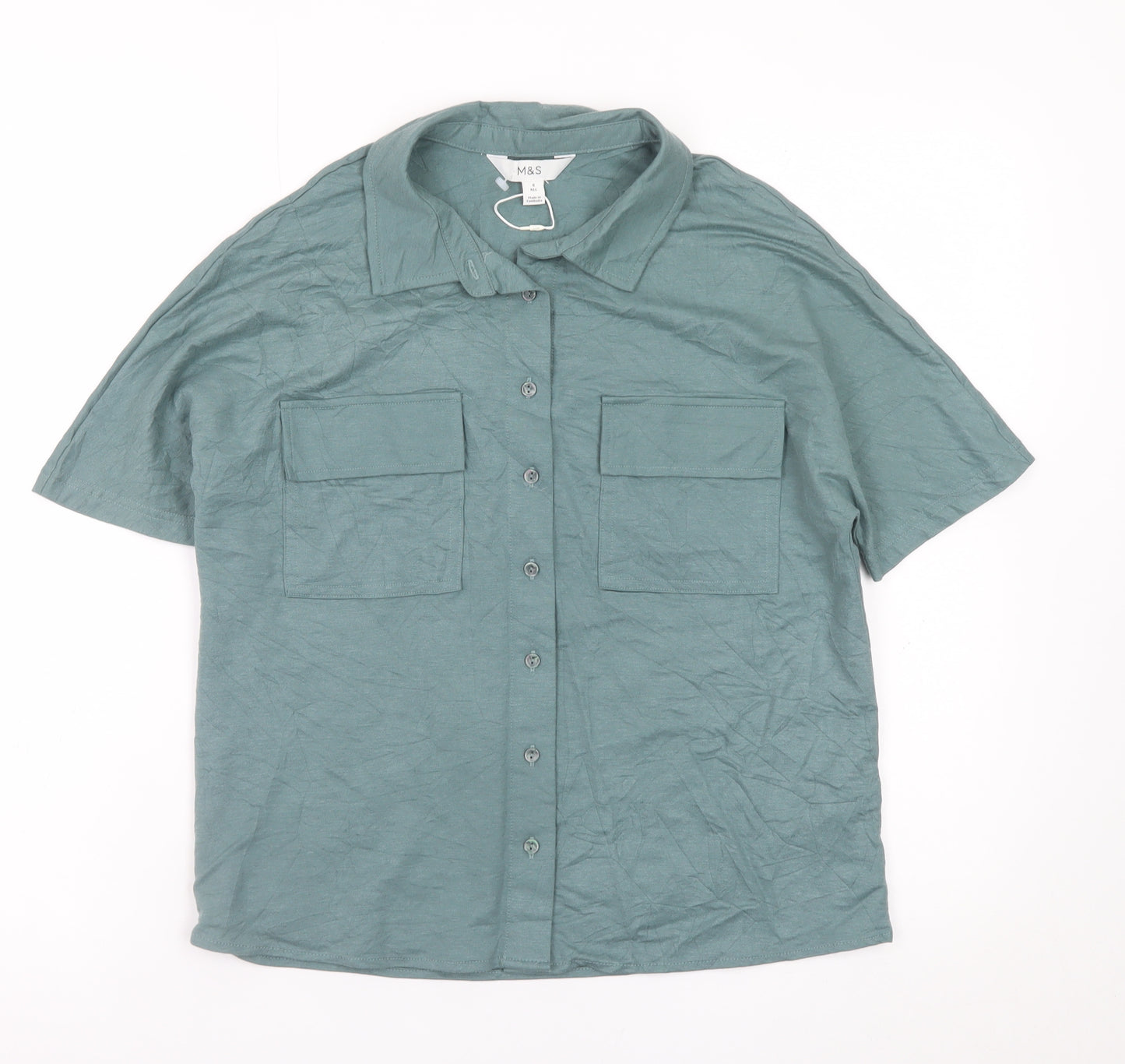 Marks and Spencer Men's Green Short Sleeve Regular Fit Button-Up Shirt Size S