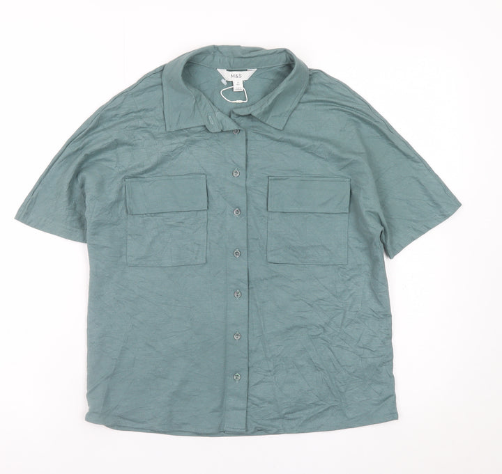 Marks and Spencer Men's Green Short Sleeve Regular Fit Button-Up Shirt Size S