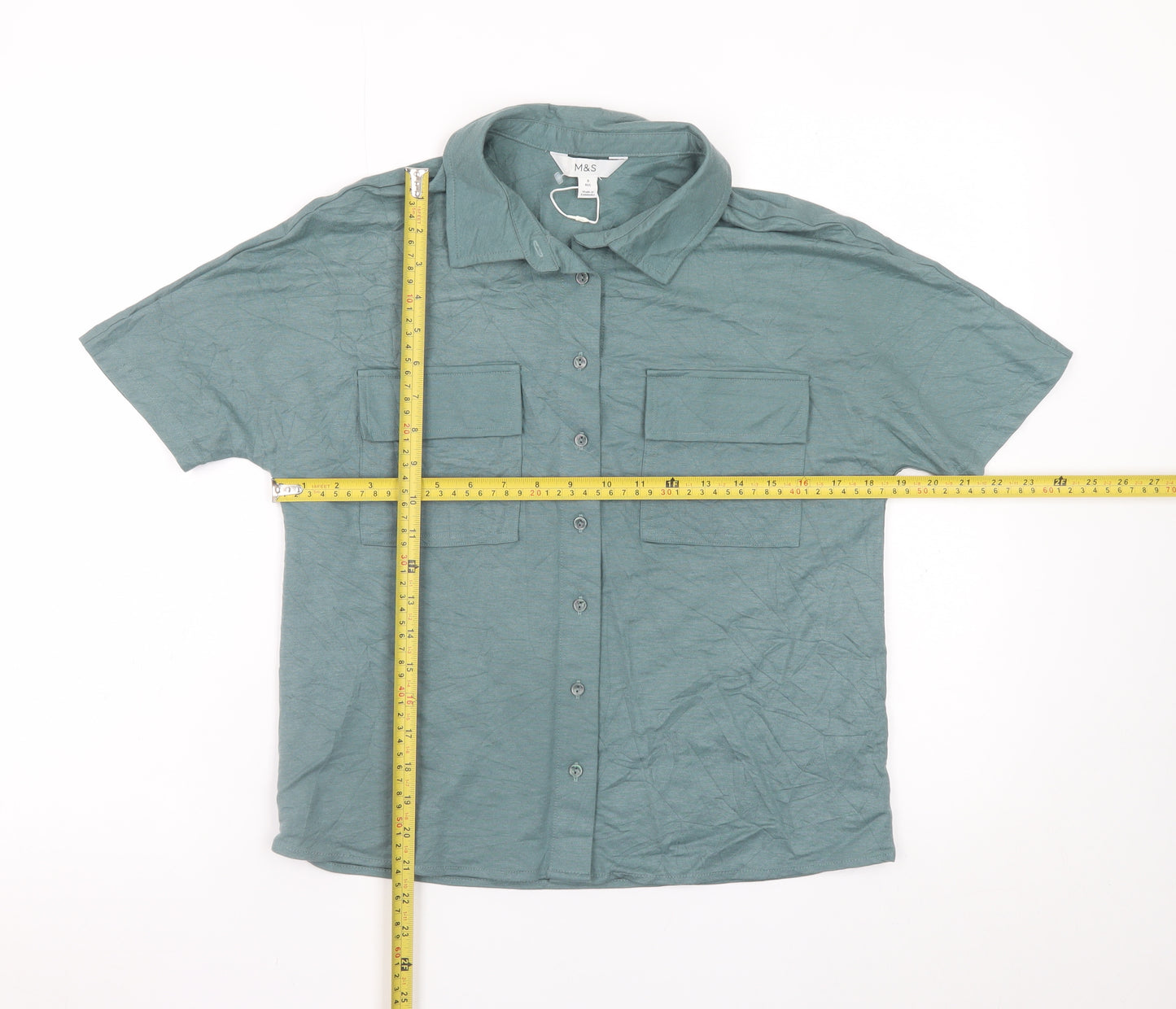 Marks and Spencer Men's Green Short Sleeve Regular Fit Button-Up Shirt Size S