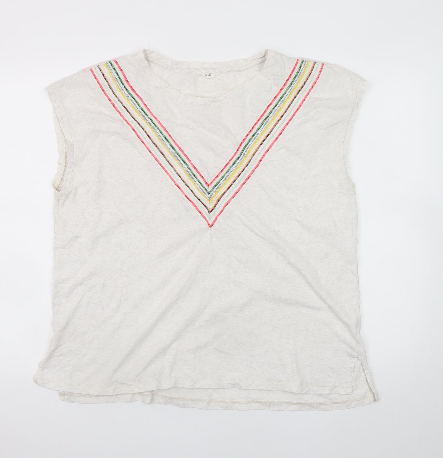 Hush Women’s Ivory Sleeveless Cotton T-Shirt Medium Embroidered Rainbow