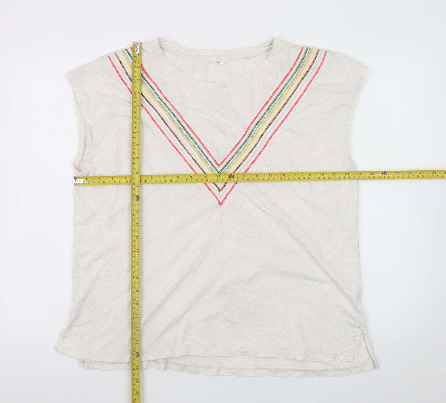 Hush Women’s Ivory Sleeveless Cotton T-Shirt Medium Embroidered Rainbow