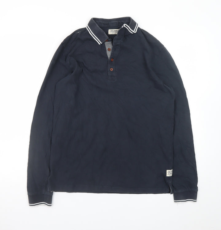 Jack & Jones Originals Men's Blue Long Sleeve Cotton Polo L