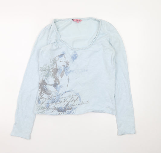 Fat Face Women Blue Graphic Long Sleeve Cotton T-Shirt Size 12