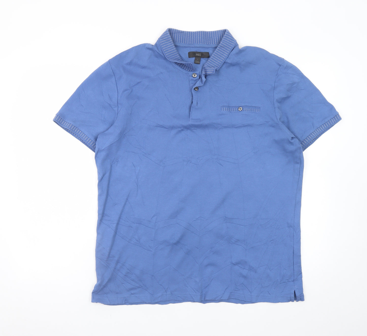 Marks and Spencer Men's Blue Cotton Short Sleeve Polo L