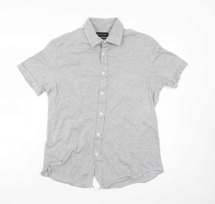 Massimo Dutti Men's Grey Linen Cotton Short Sleeve Polo L