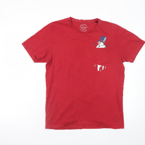 Jack & Jones Mens Red Christmas Snowman Pocket T-Shirt M
