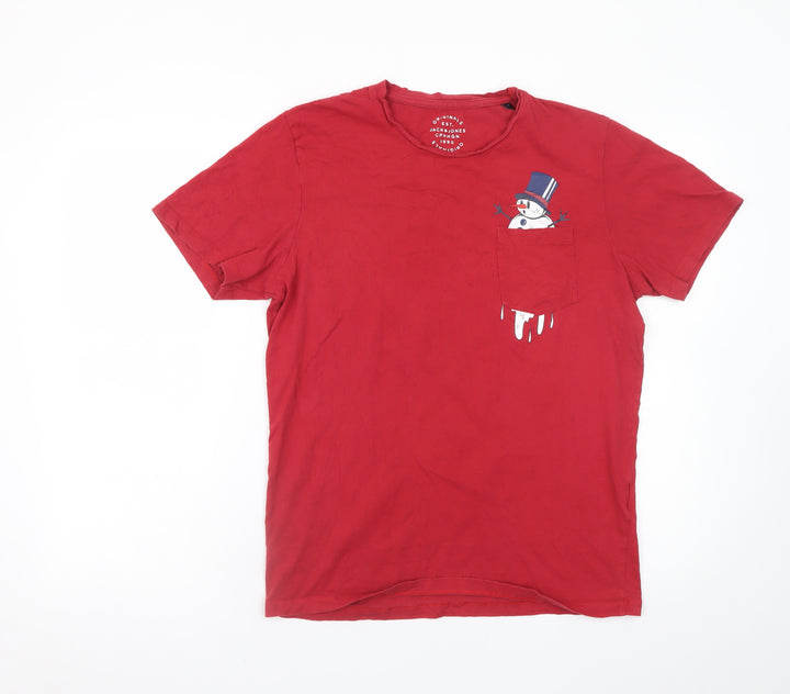 Jack & Jones Mens Red Christmas Snowman Pocket T-Shirt M