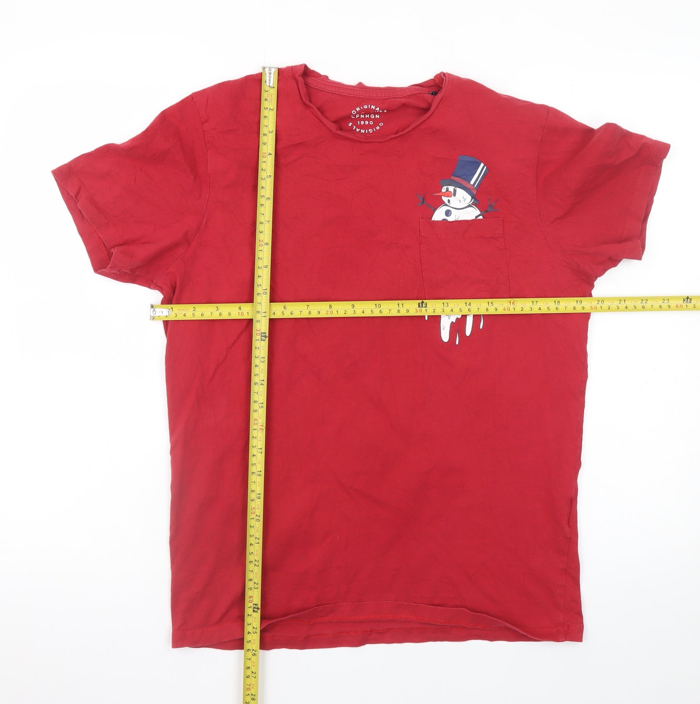 Jack & Jones Mens Red Christmas Snowman Pocket T-Shirt M