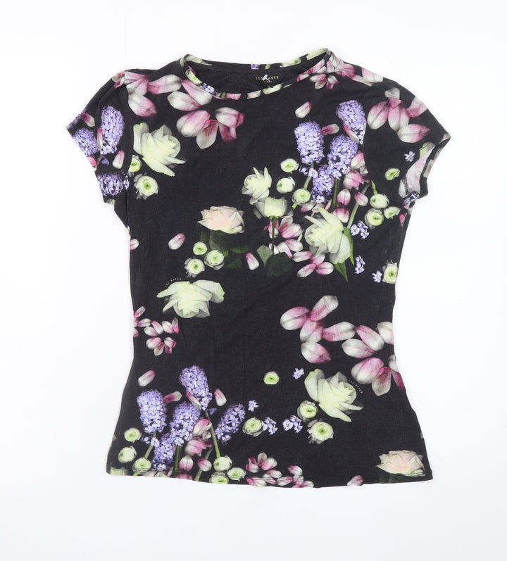 Ted Baker Women’s Black Floral Short Sleeve Slim Fit T-Shirt Size 8