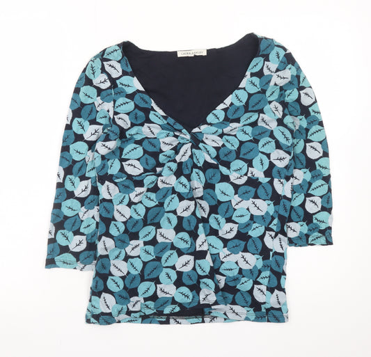 Laura Ashley Women's Blue Leaf Print V-Neck Cotton Tunic Blouse UK14
