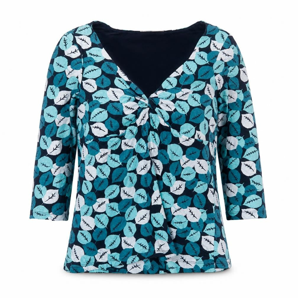 Laura Ashley Women's Blue Leaf Print V-Neck Cotton Tunic Blouse UK14