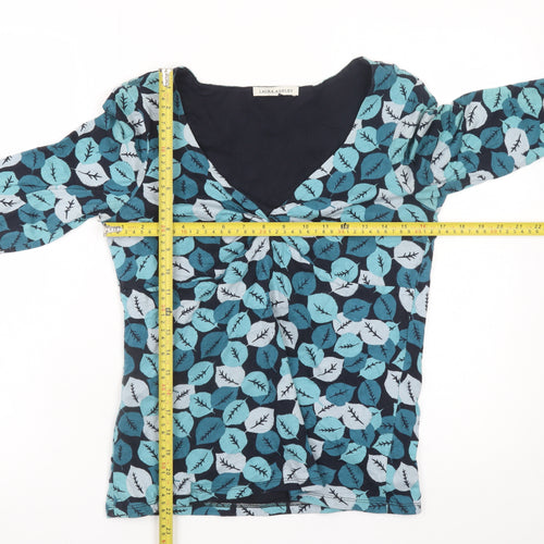 Laura Ashley Women's Blue Leaf Print V-Neck Cotton Tunic Blouse UK14