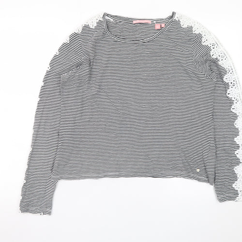 Superdry Womens Black Striped Lace Long Sleeve Cotton T-Shirt Size 14
