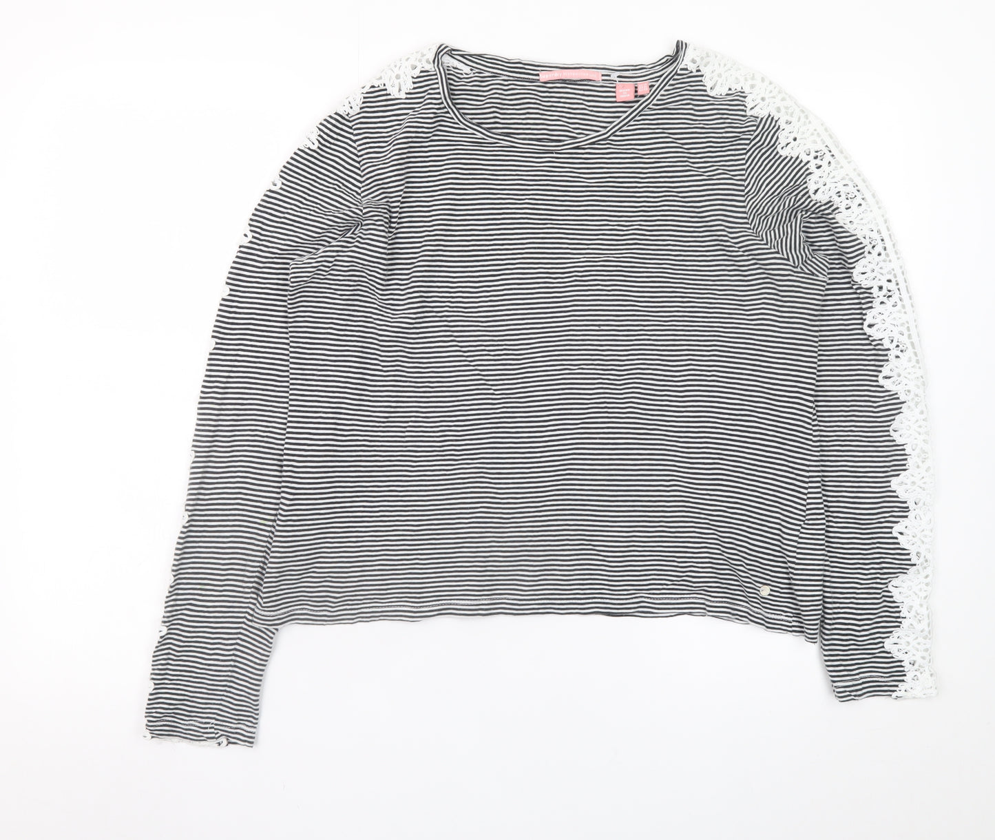 Superdry Womens Black Striped Lace Long Sleeve Cotton T-Shirt Size 14