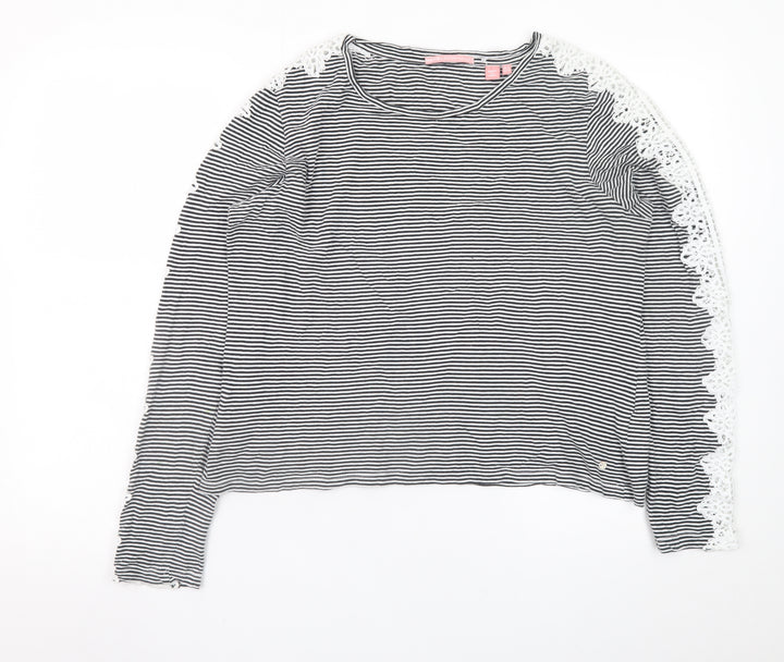 Superdry Womens Black Striped Lace Long Sleeve Cotton T-Shirt Size 14