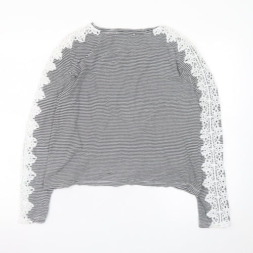 Superdry Womens Black Striped Lace Long Sleeve Cotton T-Shirt Size 14